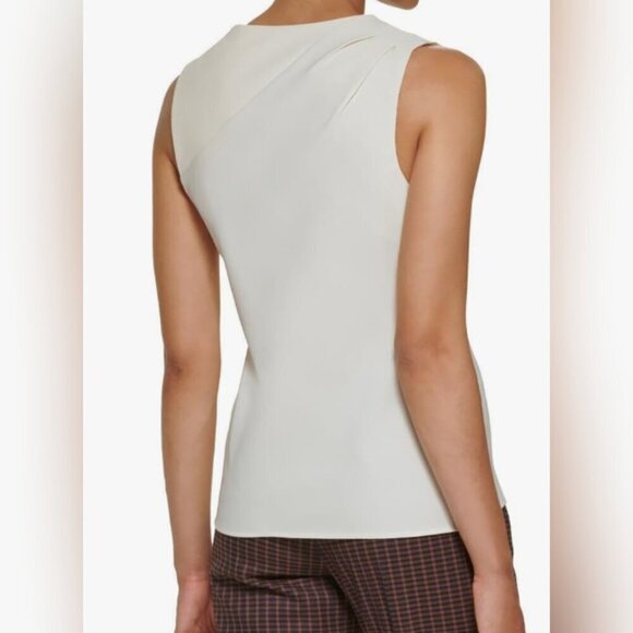 DKNY Faux Leather Detail. Mixed Media Blouse – Ivory/Buttercream - Picture 2 of 2